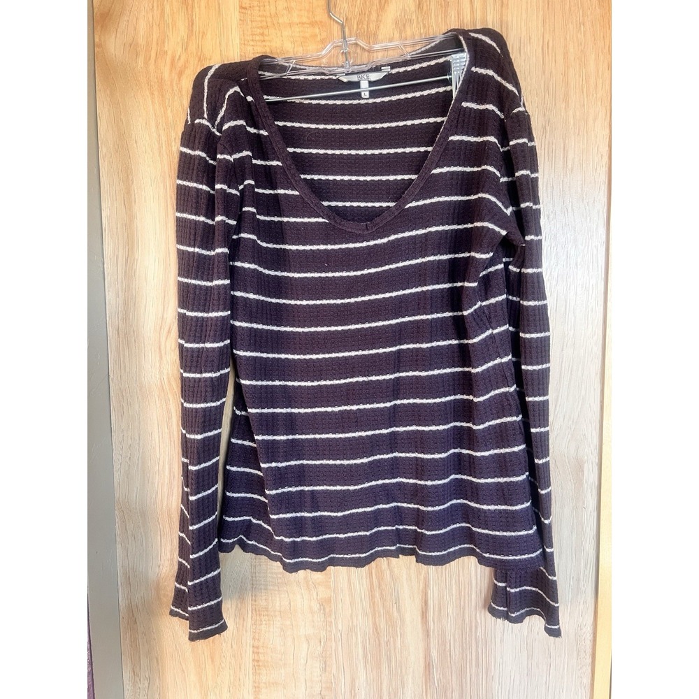 BKE Buckle Women's Thermal Waffle Knit Striped Henley  Top Size Large Dark Plum
